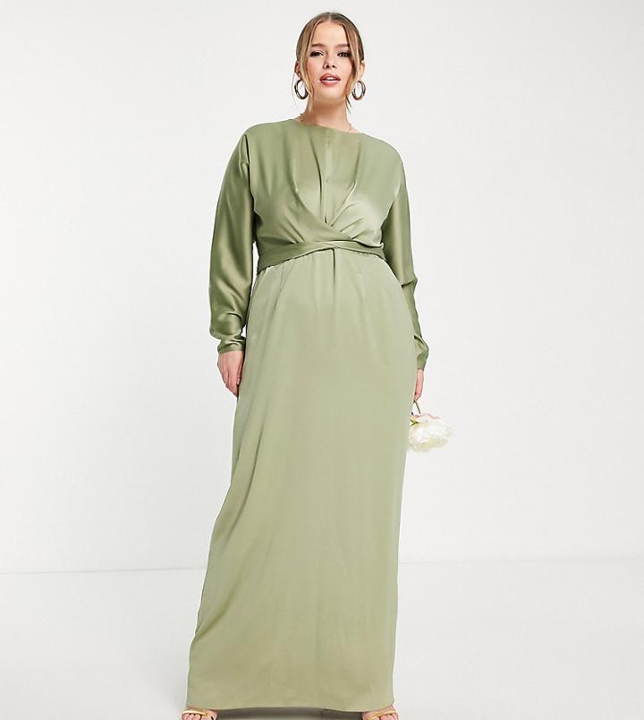Asos Design Curve Bridesmaid Satin Maxi Dress With Batwing Sleeve And Wrap Waist In Sage-green