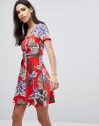 Asos Skater Sundress With Button Front And Tie Knot In Hawaiian Print - Multi