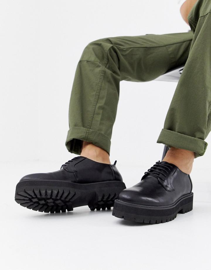 Asos Design Lace Up Shoes In Black Faux Leather On Raised Chunky Sole