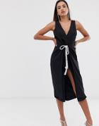 Asos Design Midi Dress With Rope Tie Waist Detail - Black