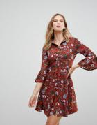 Uttam Boutique Floral Skater Dress With Button Front - Red