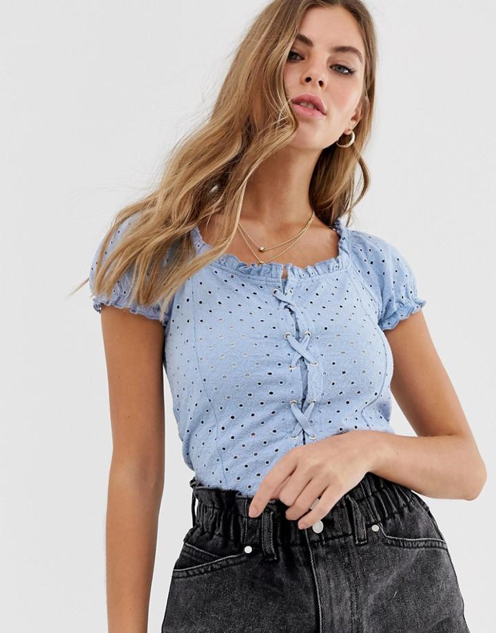 New Look Broderie Lattice Front Top In Light Blue