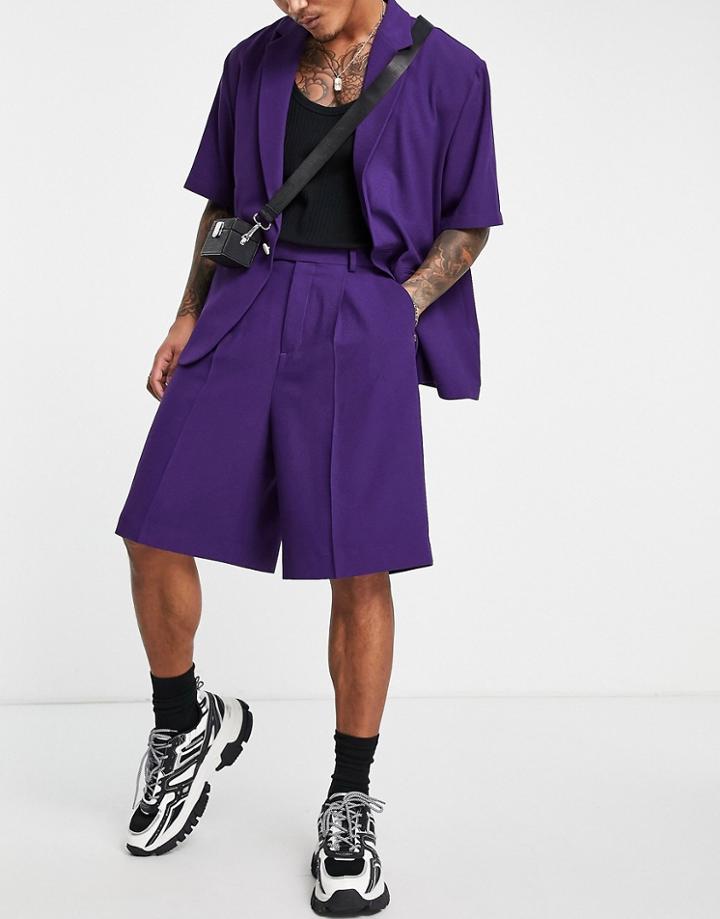 Asos Design Soft Tailored Pleated Wide Leg Bermuda Suit Shorts In Dark Purple Crepe