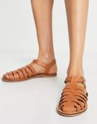 Asos Design Marina Leather Fisherman Flat Shoes In Tan-brown