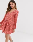 Asos Design Mini Textured Smock Dress In Floral Print - Multi