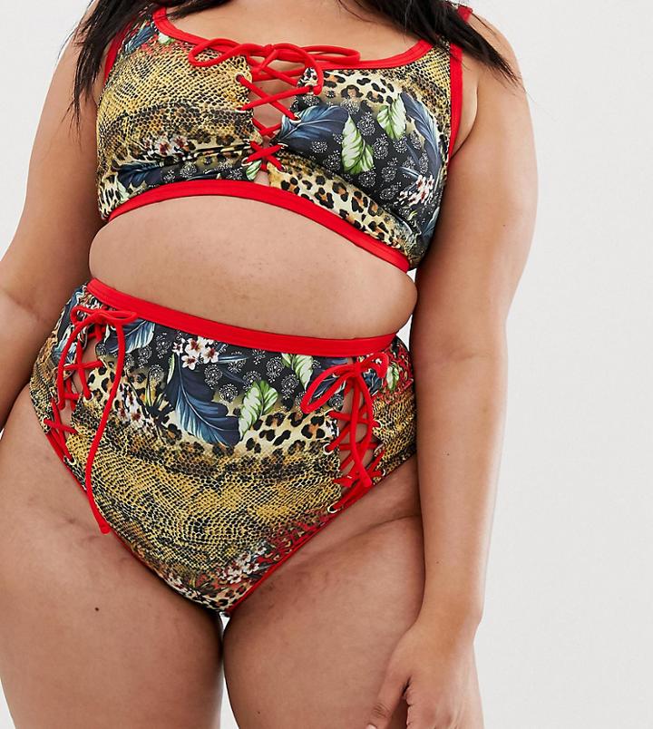 Asos Design Curve Recycled Lace Up Contrast Bind High Waist Bikini Bottom In Leopard Tropical Print - Red