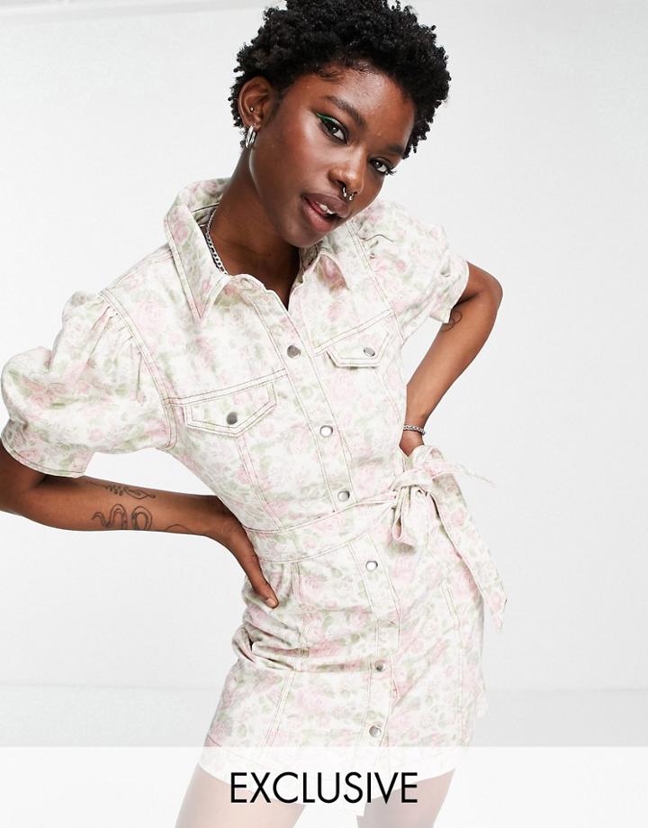 Reclaimed Vintage Inspired Mini Denim Belted Dress In Wallpaper Floral Print-multi