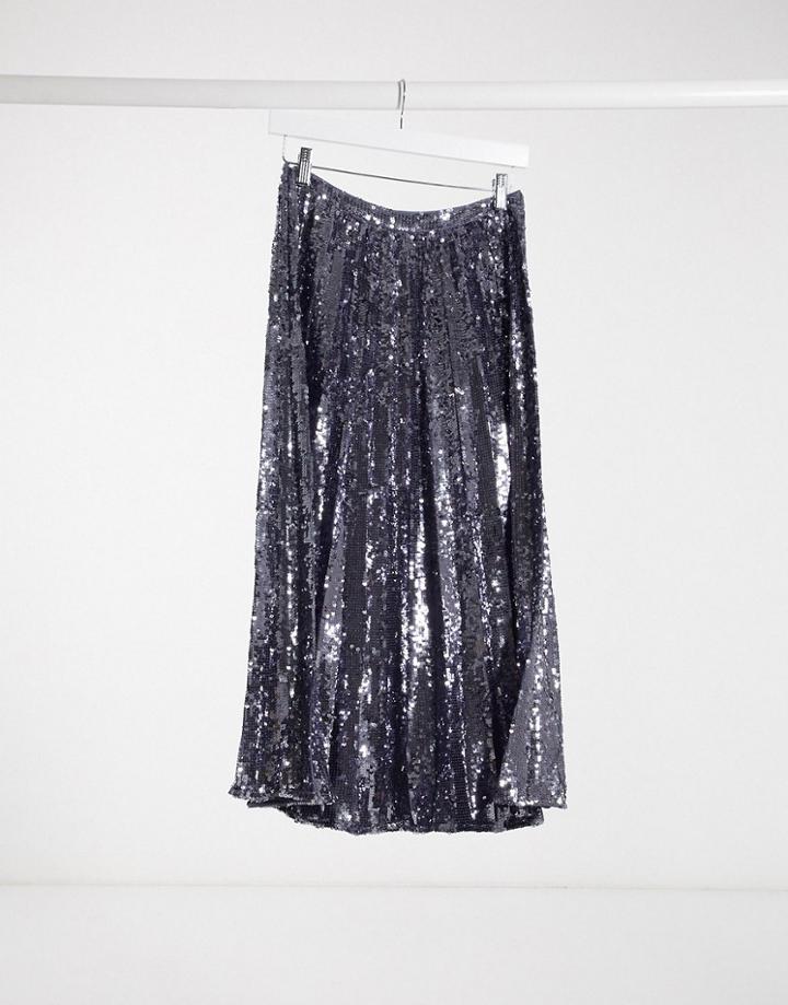 Asos Design Sequin Pleated Midi Skirt In Gunmetal-grey