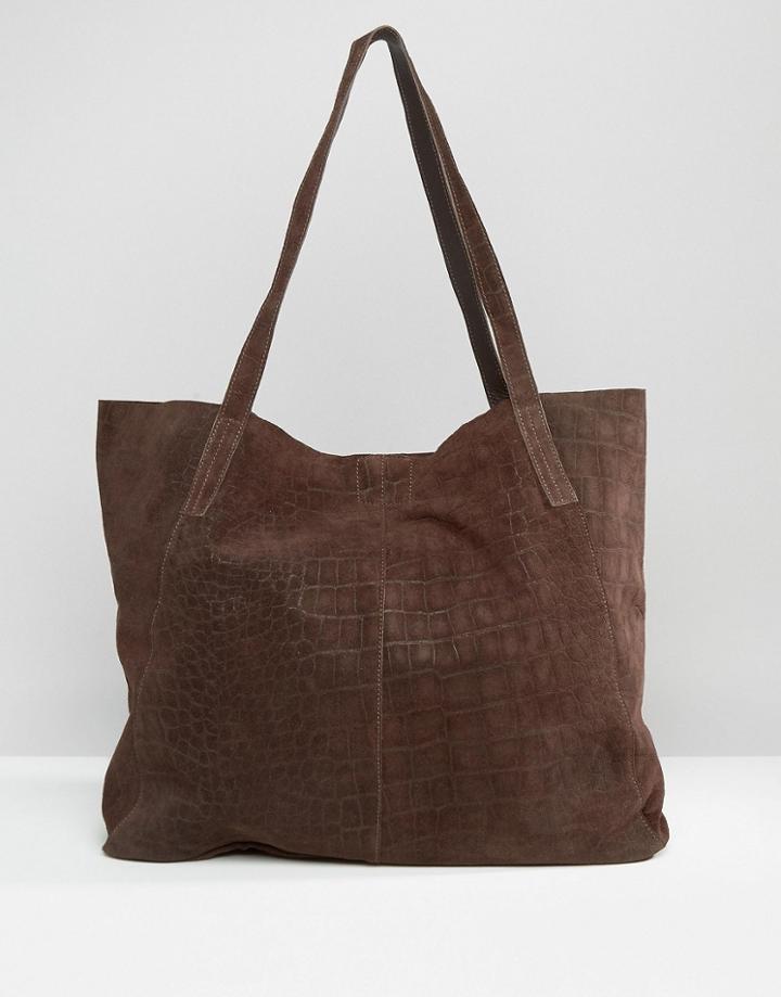 Asos Suede Embossed Croc Shopper Bag - Brown