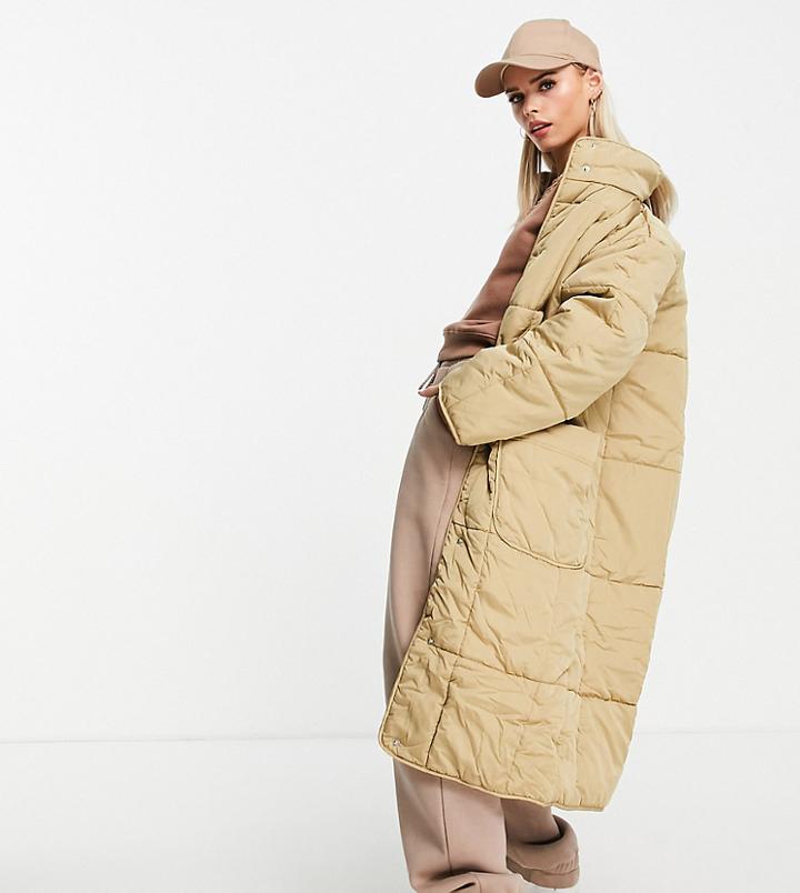 Asos Design Petite Longline Square Quilted Maxi Coat In Camel-neutral