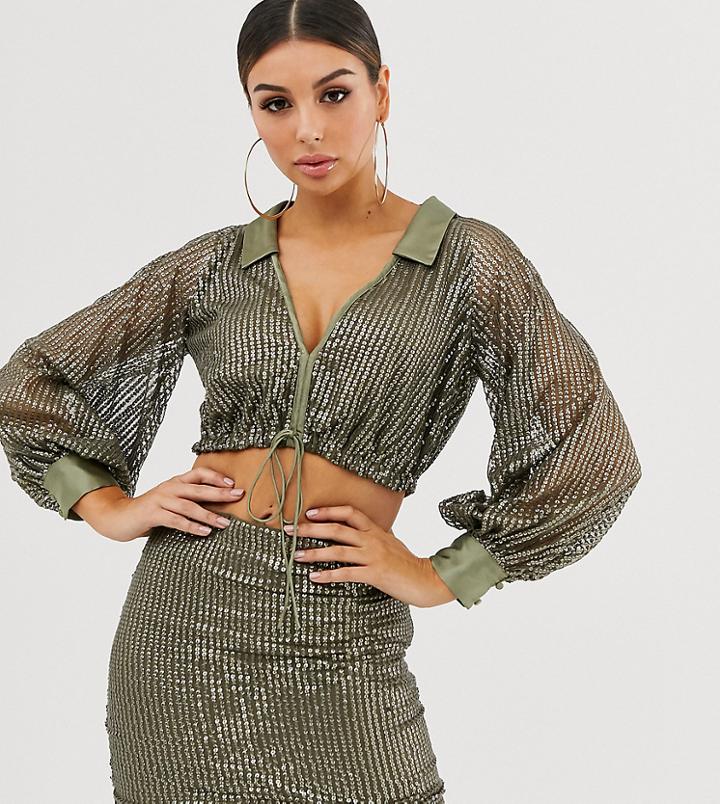 Asos Design Sequin Tux Crop Top Two-piece With Draw Cord - Green