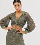 Asos Design Sequin Tux Crop Top Two-piece With Draw Cord - Green