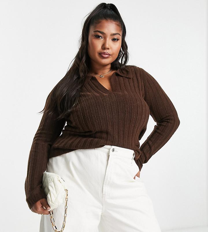 Asos Design Curve Open Collar Rib Sweater In Brown