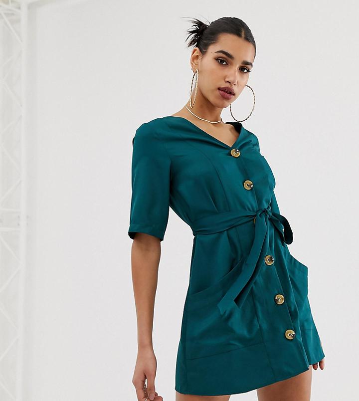 Boohoo Button Through Belted Mini Shift Dress With Pockets In Teal - Black