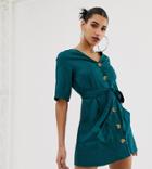 Boohoo Button Through Belted Mini Shift Dress With Pockets In Teal - Black