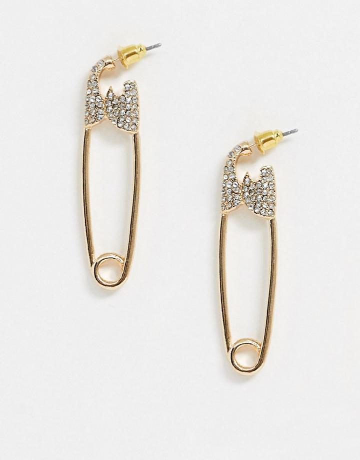 Asos Design Earrings In Crystal Safety Pin Design In Gold Tone