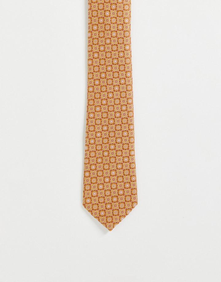 Asos Design Slim Tie With 70s Floral Design In Mustard - Mustard-yellow