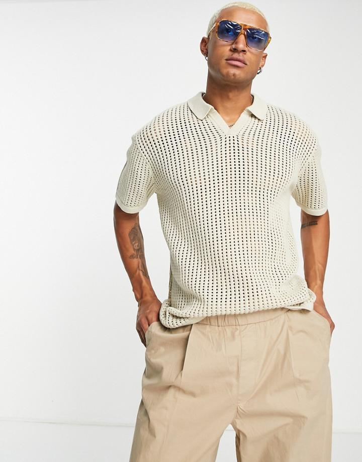 Bershka Oversized Knit Polo In Ecru-neutral