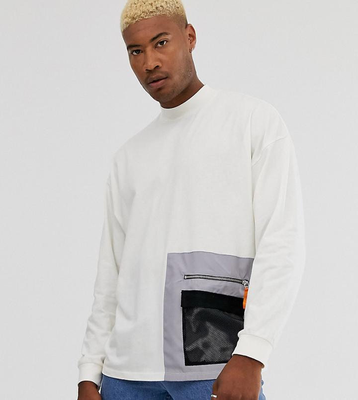 Asos Design Tall Oversized Long Sleeve T-shirt With Large Utility Mesh Pocket In Beige