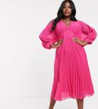 Asos Design Curve Pleated Batwing Midi Dress In Chevron Dobby-pink