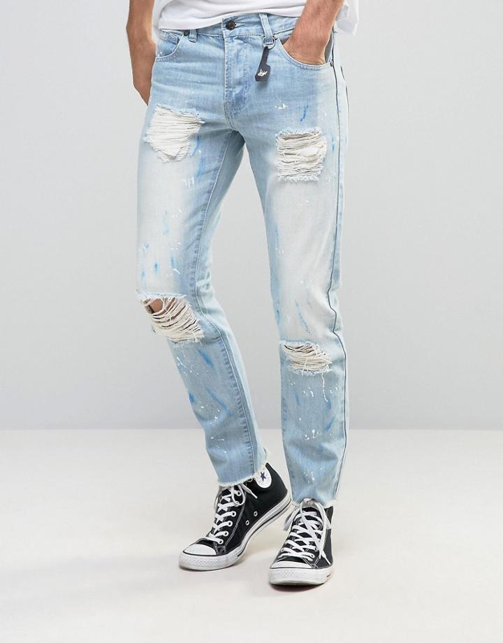 Always Rare Paint Splatter Slim Jeans With Raw Hem - Blue