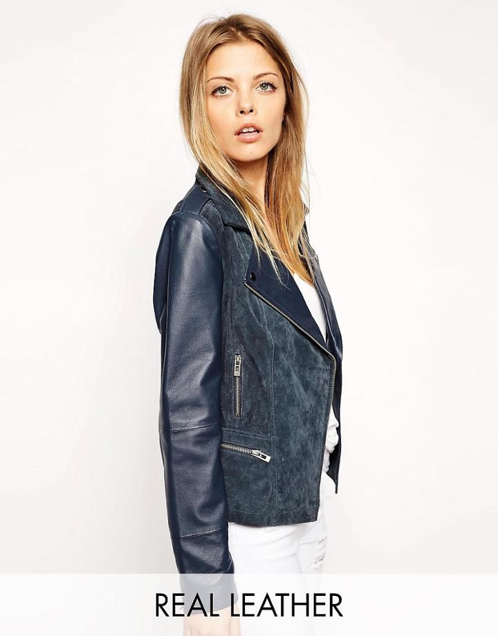 Asos Biker Jacket In Suede And Leather - Blue