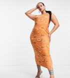 Public Desire Curve 70's Inspired Body-conscious Dress In Brown Print-multi