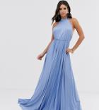 Asos Design Tall Halter Pleated Waisted Maxi Dress-blue