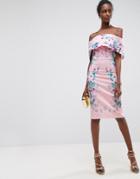 Asos Trailing Placed Floral Deep Fold Bardot Midi Dress - Pink
