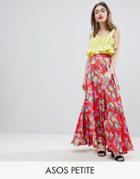Asos Design Petite Satin Maxi Skirt With Center Front Split In Floral Print - Multi