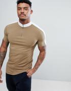 Asos Design Muscle Fit Turtleneck T-shirt With Zip And Contrast Panels In Brown - Multi