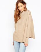 Asos Knitted Poncho In Stitch With Button Detail - Beige
