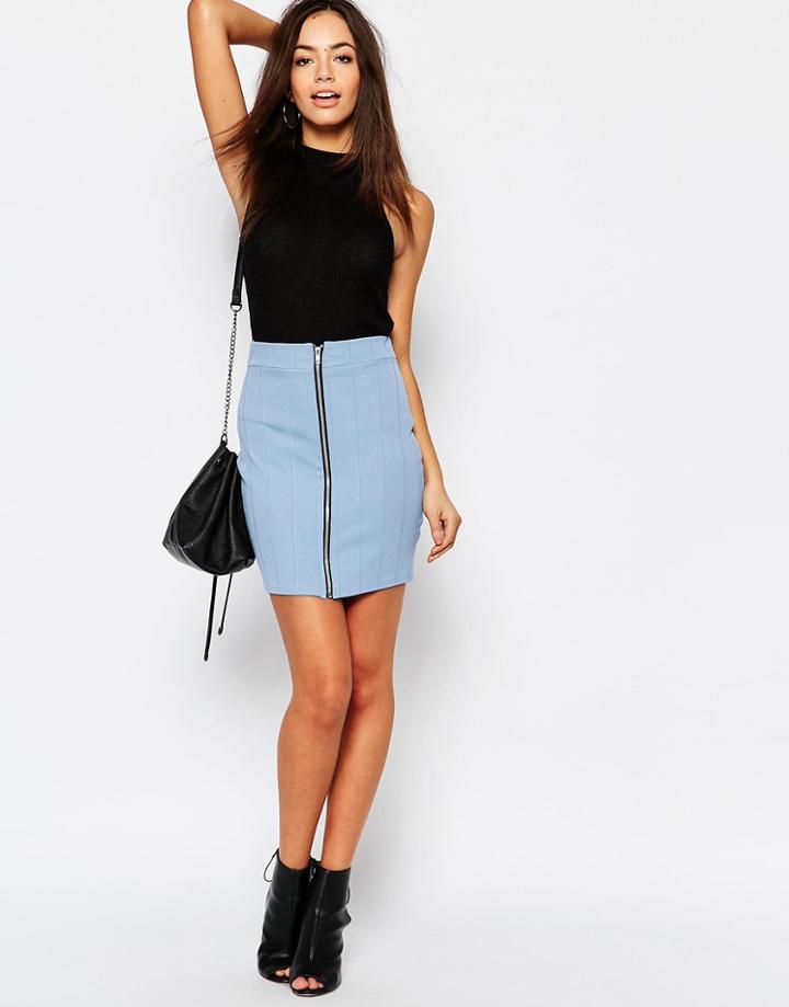 Daisy Street Zip Front Ribbed Mini Skirt - Blue