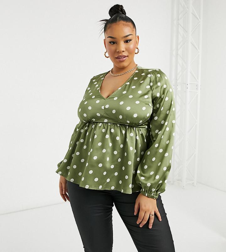 Simply Be Satin Blouse With Peplum Hem In Sage Polka Dot-green