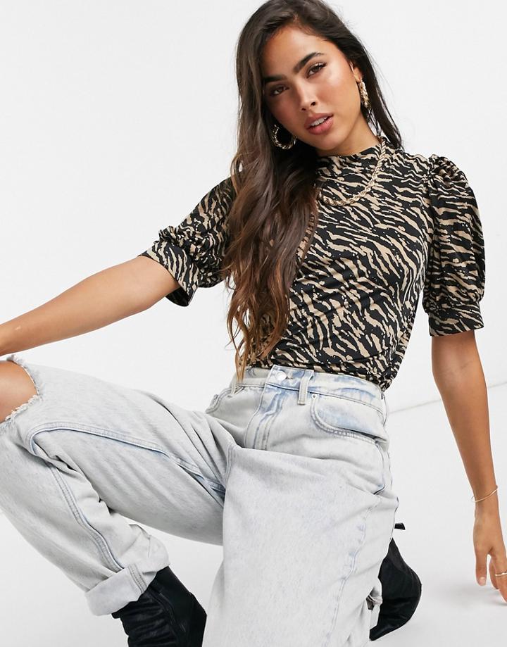 Vila High-neck Top With Cuffed Sleeves In Zebra Print-multi