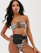 Asos Design Mix And Match Clean Bandeau Bikini Top In Natural Tiger Print - Multi