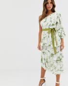 Asos Design One Shoulder Cutwork Floral Print Dress With Belt Detail - Multi