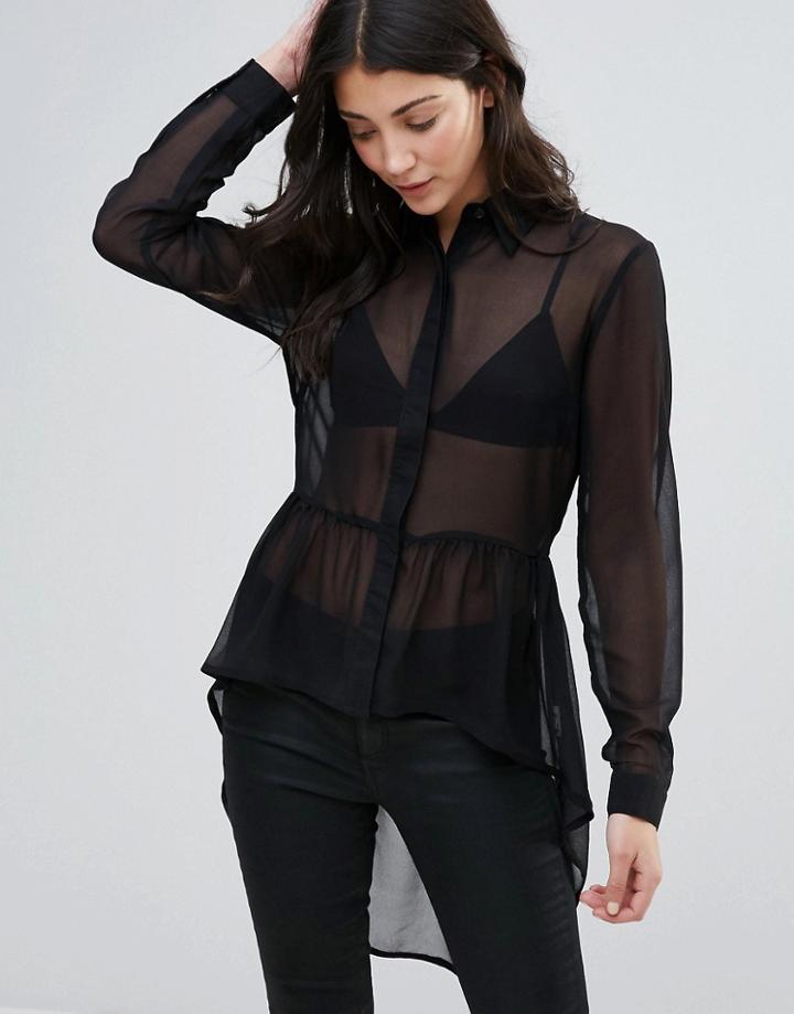 Qed London Peplum Hem Sheer Blouse - Black