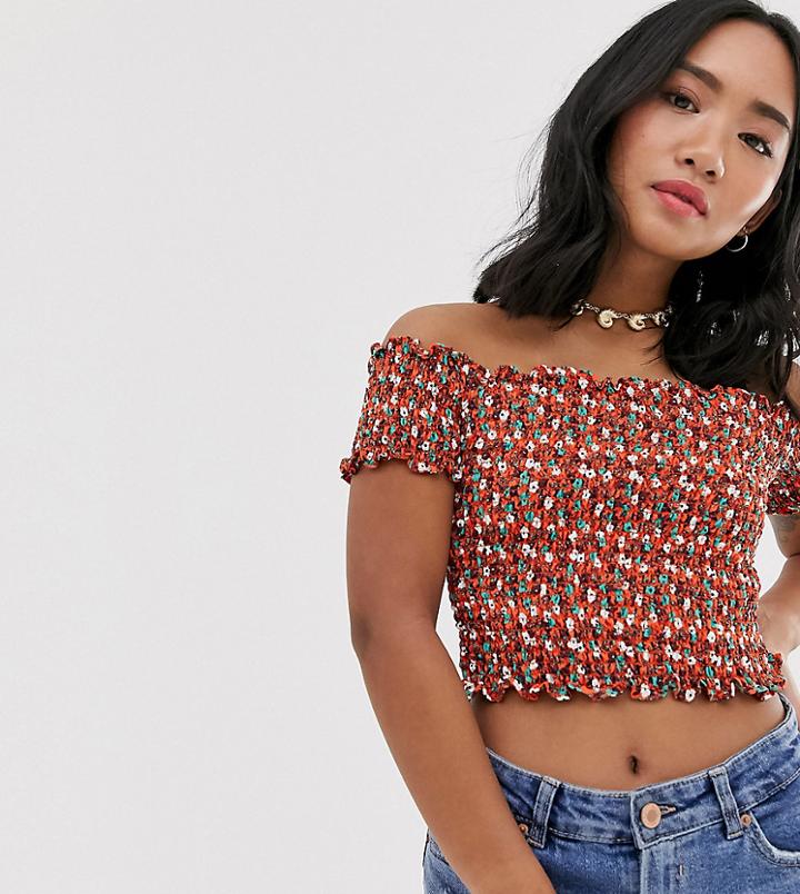 Glamorous Petite Bardot Shirred Crop Top In Ditsy Floral Print