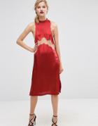 Asos Sleeveless Satin Column Dress With Lace Inserts - Red