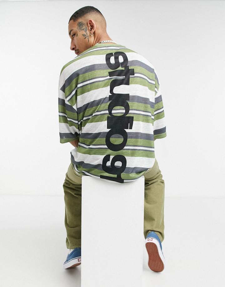 Asos Design Oversized Stripe T-shirt In Khaki With Back Text Print-green