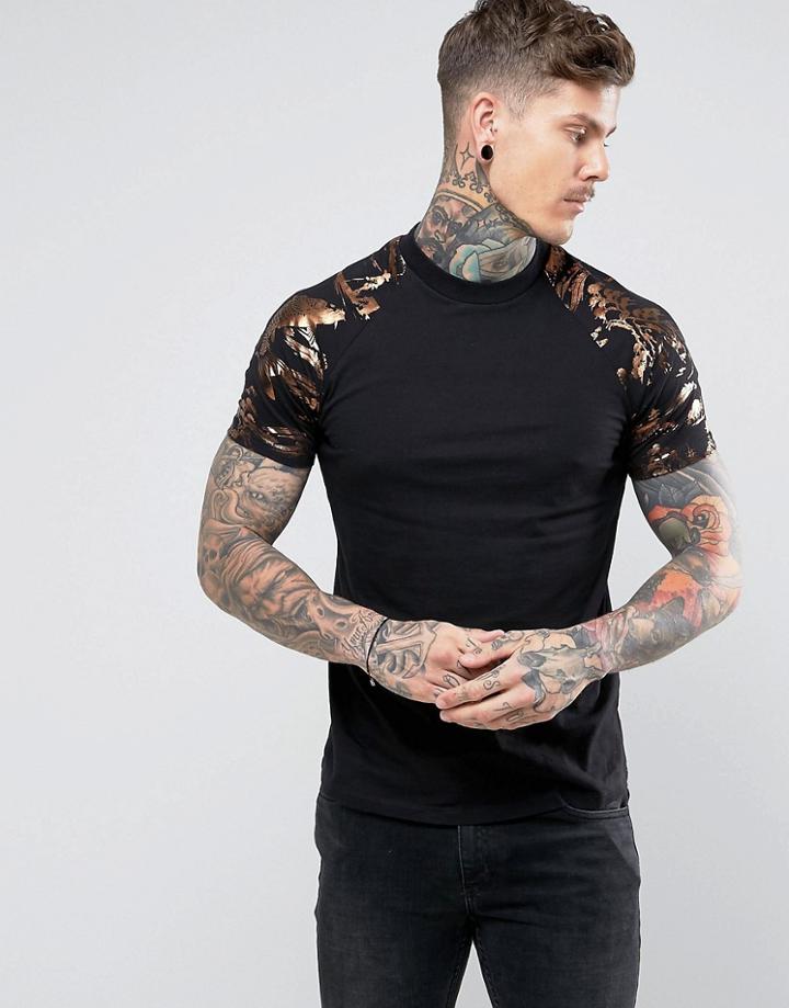 Asos Raglan T-shirt With Koi Karp Gold Foil Print & Curved Hem - Black