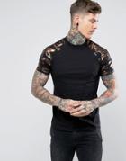 Asos Raglan T-shirt With Koi Karp Gold Foil Print & Curved Hem - Black