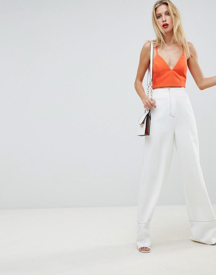 Asos Design Tailored Wide Leg Pants With Contrast Stitching - White