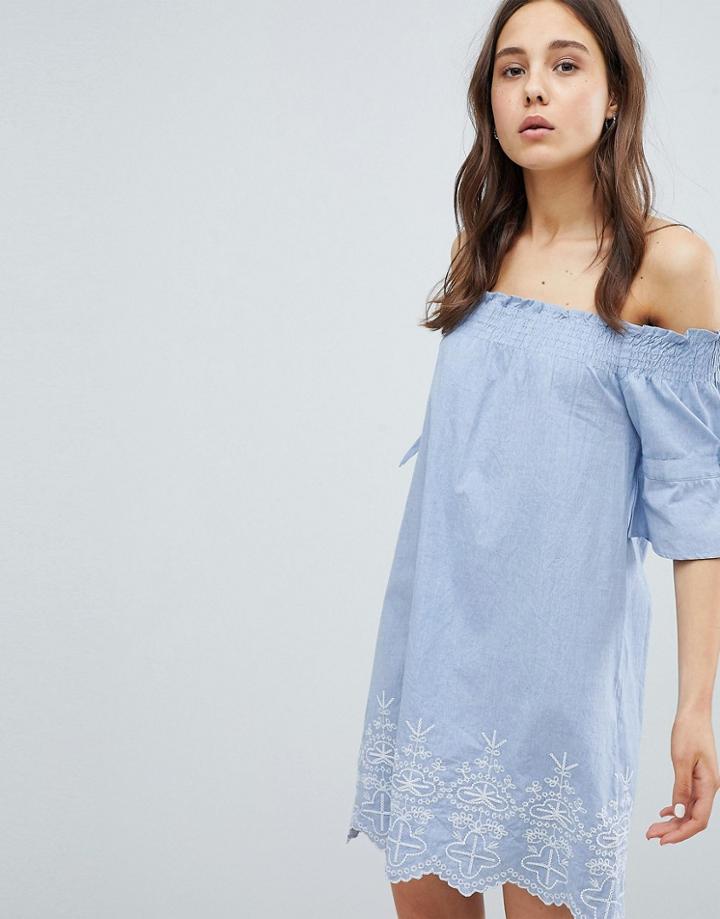 Influence Shirred Sleeve Bardot Dress With Embroiderry Detail - Blue