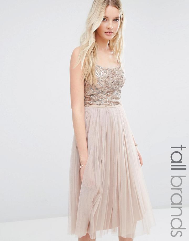 Maya Tall Cami Strap Midi Dress With Tulle Skirt And Embellishment - Tan