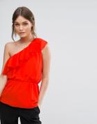 Ichi One Shoulder Ruffle Top - Red