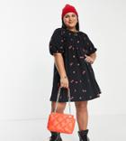Asos Design Curve Tiered Mini Smock Dress In Black With Red Floral Embroidery