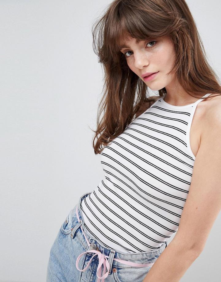 Monki Stripe High Neck Cropped Tank - White