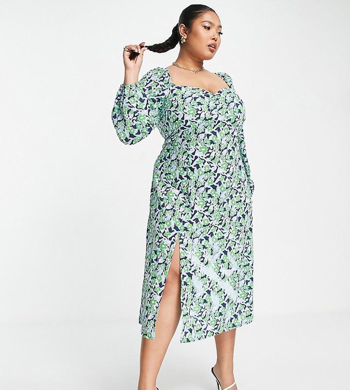 Missguided Plus Milkmaid Midi Dress With Long Sleeve In Floral-multi